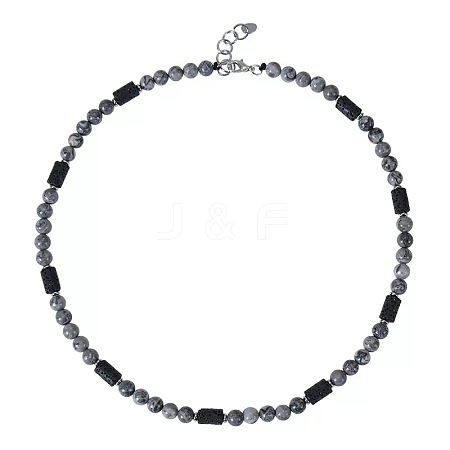 6MM Round Natural Map Stone and Column Natural Lava Rock Beaded Necklaces for Women Men LS-LV4865-3-1