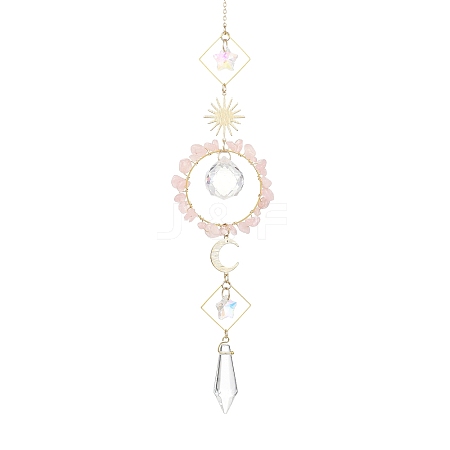 Sun Moon Ring Brass & Natural Rose Quartz Chip Suncatcher HJEW-JM05027-02-1