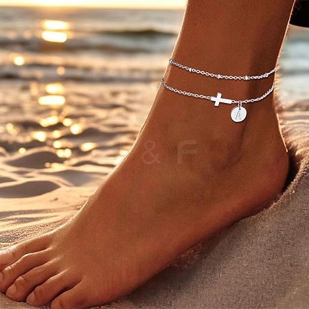 304 Stainless Steel Sideways Cross Link Anklets with Flat Round Initial Charms FS-WG42793-12-1