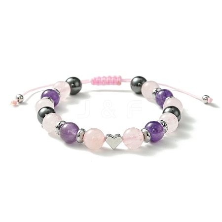 Natural Rose Quartz & Amethyst & Brass Heart Braided Bead Bracelet BJEW-JB09703-03-1