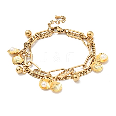 Plastic Pearl Shell and Round Ball Charm Multi-strand Bracelet BJEW-G639-27G-1