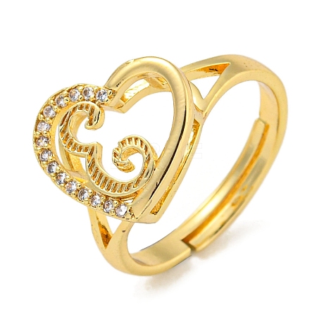 Heart with Letter Rack Plating Brass Micro Pave Cubic Zirconia Adjustable Rings for Women RJEW-I105-06G-E-1