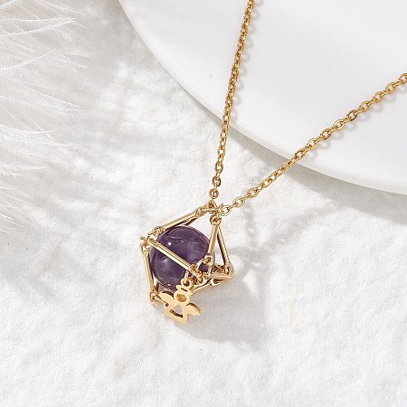 Brass Macrame Pouch Natural Amethyst Inside & 304 Stainless Steel Pendant Necklaces for Women NJEW-JN05607-03-1