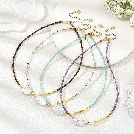 Rectangle Natural Baroque Keshi Pearl and Faceted Round Natural Mixed Stone Beaded Necklaces for Women NJEW-JN06682-1