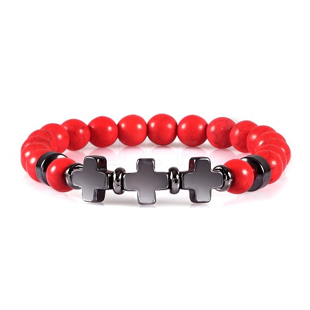 Round Red Dyed Synthetic Turquoise Beaded Stretch Bracelets ED3000-6-1
