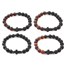 Natural & Synthetic Mixed Gemstone & Wood Cross Beaded Stretch Bracelet BJEW-JB09623