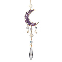 Natural Amethyst & Quartz Crystal Chip Pendant Decorations with Brass Moon & Cable Chain HJEW-JM01645