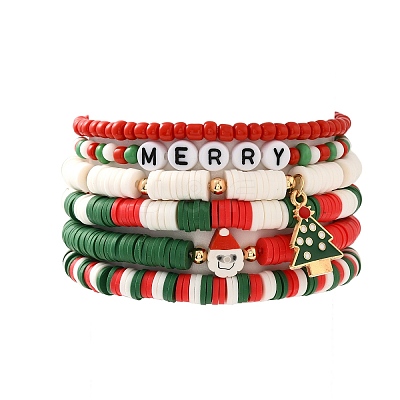 6Pcs Christmas Theme Polymer Clay Heishi Beads & Glass Seed Beaded Stretch Bracelets Set BJEW-TA00539-1