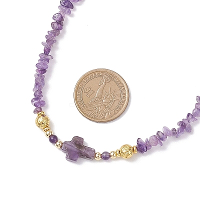 Natural Amethyst Chip with Cross Beaded Necklaces NJEW-JN05513-1