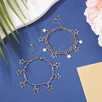 2Pcs 304 Stainless Steel Star Charm Bracelets BJEW-TADJ00003-1