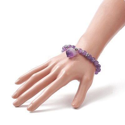Round Natural Amethyst Beaded Stretch Bracelet with Nuggets Charms for Women BJEW-JB09316-01-1