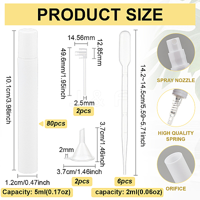 80Pcs Empty Portable Plastic Spray Perfume Bottle with 2Pcs Plastic Pump with 2Pcs Mini Transparent Plastic Funnel Hopper with 6Pcs Disposable Plastic Droppe AJEW-BC0007-50C-1