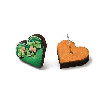 Saint Patrick's Day Green Wood Stud Earrings EJEW-D074-01E-1