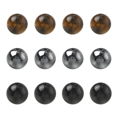 60Pcs 3 Styles Natural Tiger Eye & Obsidian & Synthetic Non-Magnetic Hematite Round Beads G-YW0002-73-1