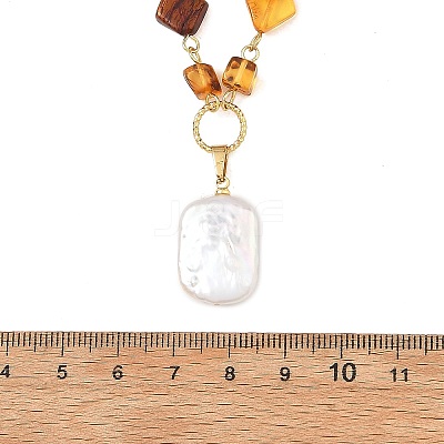 Rectangle Natural Baroque Keshi Pearl Pendant 304 Stainless Steel Natural Amber Rhombus Beaded Chain Necklaces NJEW-JN06664-1