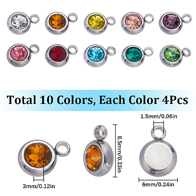 40pcs 10 color 201 Stainless Steel Rhinestone Charms STAS-SC0006-38-1