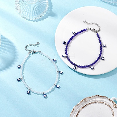 2Pcs 2 Colors 304 Stainless Steel Enamel Blue Evil Eye Tassel Glass Beaded Anklets for Women Men AJEW-AN00754-1