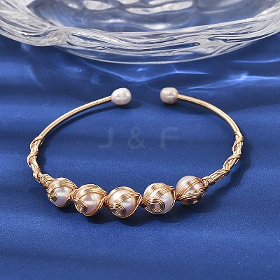 Brass Wire Wrapped Natural  Pearl Cuff Bangles for Women BJEW-D453-06G-1