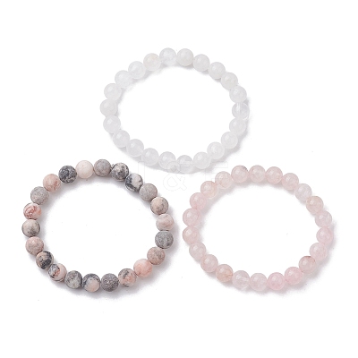 3Pcs 3 Styles Natural Mixed Gemstone Round Beaded Stretch Bracelets Set BJEW-JB10139-04-1