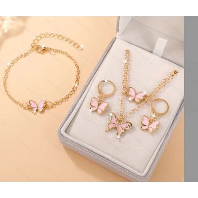 Butterfly Alloy Rhinestone & Enamel Pendant Necklace & Bracelets & Earring & Rings Sets for Children FS-WGE37FF-02-1