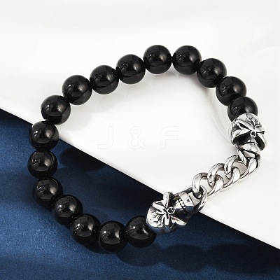 Punk Style Skull 304 Stainless Steel Glass Beads Bracelets for Women Men BJEW-D304-04AS-01-1