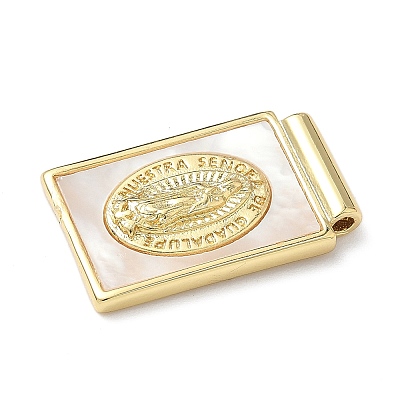 Brass Pave Natural White Shell Religion Rectangle Pendants KK-Q068-32G-1