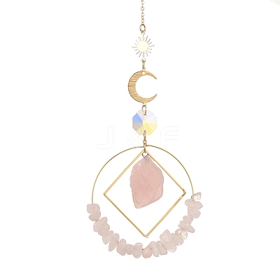 Natural Rose Quartz Chip Beaded Hanging Suncatchers HJEW-TA00288-02-1
