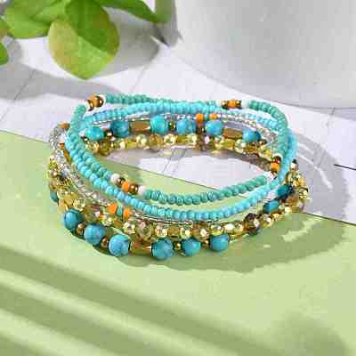 5Pcs 5 Style Synthetic Turquoise(Dyed) & Hematite & Glass Sead Beads Stretch Bracelets Set BJEW-JB07670-03-1