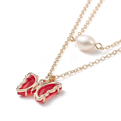 4Pcs 4 Color Glass Butterfly & Natural Pearl Pendants Double Layer Necklaces Set with Clear Cubic Zirconia NJEW-TA00043-1