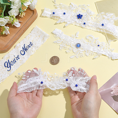 4Pcs 2 Styles Polyester Rhinestone Lace Flower Garter Leg Ring for Women AJEW-HY0003-36-1