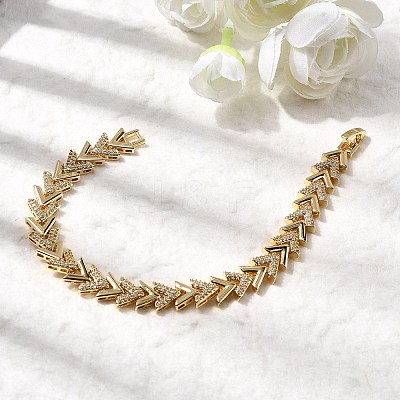 V Shape Brass Micro Pave Clear Cubic Zirconia Link Chain Bracelets BJEW-C130-04G-1