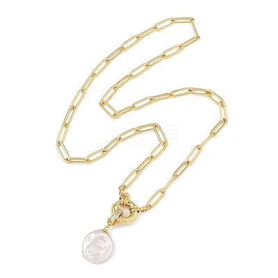 Natural Baroque Pearl Keshi Pearl Coin Pendant Brass Paperclip Chain Necklaces for Women NJEW-JN06143-1