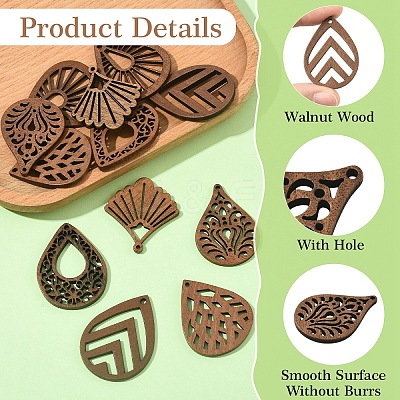 12Pcs 6 Styles Walnut Wood Laser Cut Pendants WOOD-YW0001-61-1