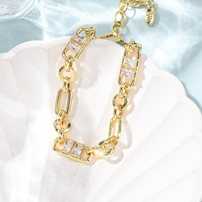 Ring & Paperclip Brass Micro Pave Cubic Zirconia Link Chain Bracelets for Women BJEW-D458-05G-02-1