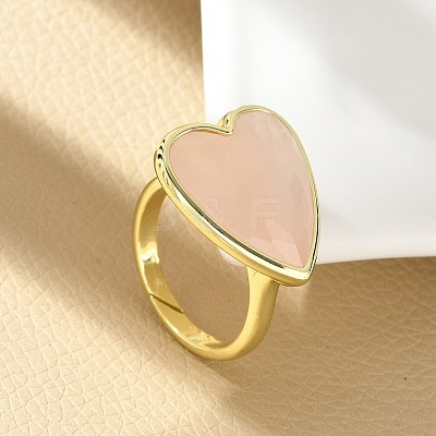 Heart Brass Natural Rose Quartz Finger Rings RJEW-D304-01G-B-1