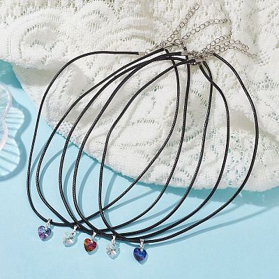 5Pcs 5 Color Glass Heart Pendant Necklaces Set NJEW-JN04476-S-1