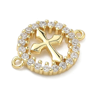 Brass Micro Pave Clear Cubic Zirconia Religion Ring with Cross Links Connector Charms KK-A282-08B-G-1