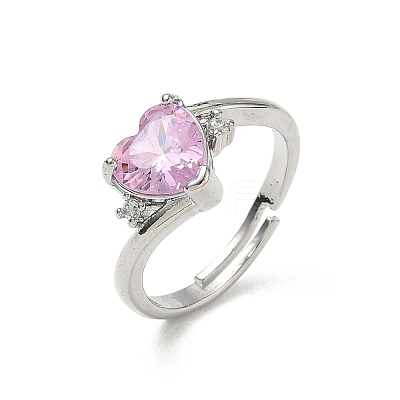 Adjustable Brass Finger Rings with Pink Heart Cubic Zirconia for Valentine's Day CU-CBA7E55-11P-1