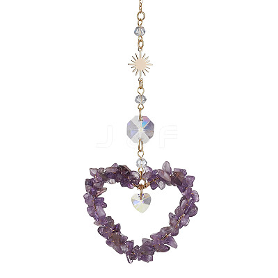 Heart Natural Amethyst Chip Pendant Drcorations HJEW-JM01651-01-1