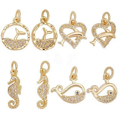16Pcs 4 Style Ocean Theme Brass Micro Pave Clear Cubic Zirconia Charms KK-BBC0007-26-1