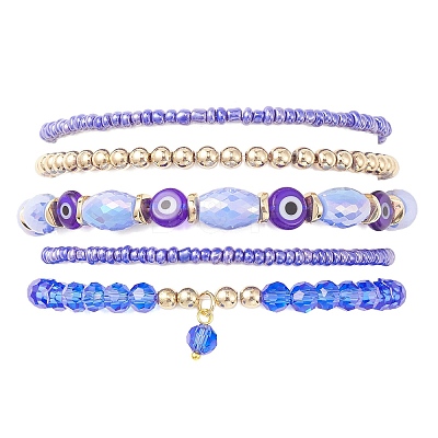 5Pcs 5 Style Glass & Lampwork Evil Eye Stretch Bracelets Set BJEW-JB09619-05-1
