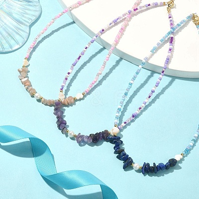 3Pcs 3 Style Dyed Natural Mixed Gemstone Chips & Shell Heart & Pearl Beaded Necklaces Set NJEW-JN04354-1