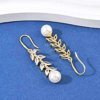 Leaf Brass Micro Pave Clear Cubic Zirconia Dangle Earrings EJEW-C172-03G-1