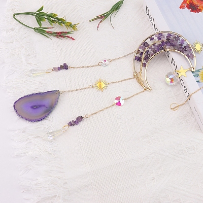 Copper Wire Wrapped Natural Amethyst Chips Moon Suncatcher HJEW-H065-10C-1