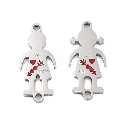 Valentine's Day 304 Stainless Steel FireBrick Enamel Boy Girl Connector Charms STAS-Z078-16P-1