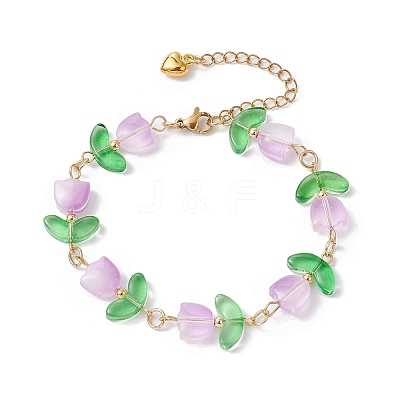Glass Tulip Flower Beaded Bracelet with 304 Stainless Steel Clasps BJEW-JB09959-01-1