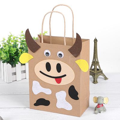 DIY Rectangle with Cattle Pattern Kraft Paper Bag Making Set DIY-F079-12-1