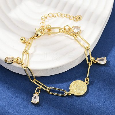 Rack Plating Teardrop Brass Micro Pave Cubic Zirconia Charm Bracelets BJEW-L702-01G-1