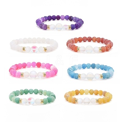 7Pcs 7 Color Natural Weathered Agate(Dyed) & Synthetic Moonstone Round Beaded Stretch Bracelets Set BJEW-JB09124-1