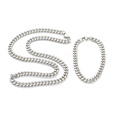 304 Stainless Steel Cuban Link Chain Bracelets & Necklaces Jewelry Sets SJEW-B019-03B-P-1